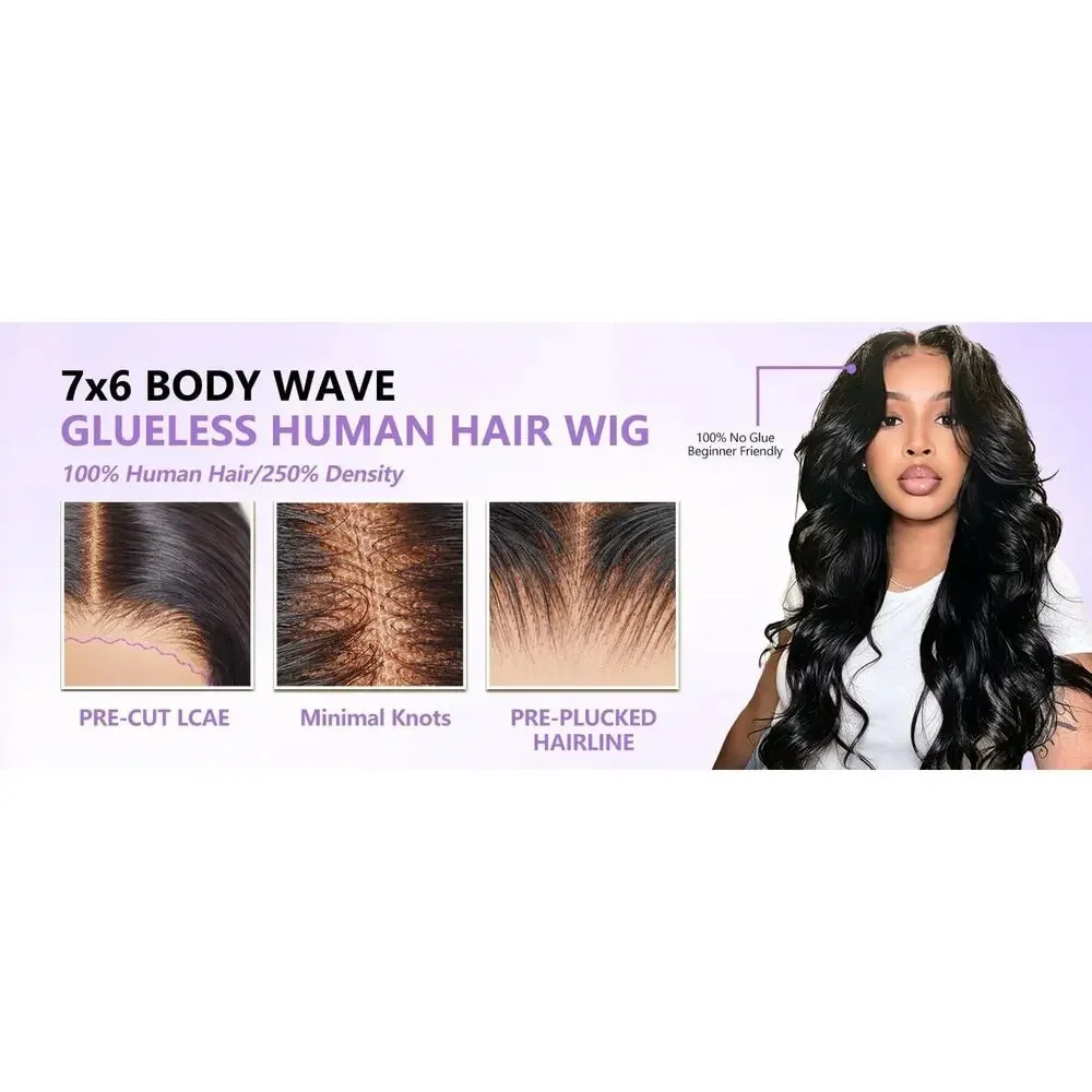 Tahikie 7x6 HD Lace Glueless Human Hair Wig Body Wave 250% Density